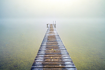 Hoar frost on jetty at misty sunrise, Seeshaupt, Bavaria, Germany