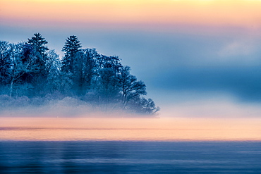 View of the Roseninsel at the blue hour in the morning, Lake Starnberg, Feldafing, Bavaria, Germany