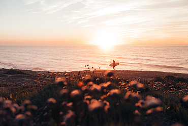 Surfer goes to the sea at sunrise, Portugal, surfing, vacation