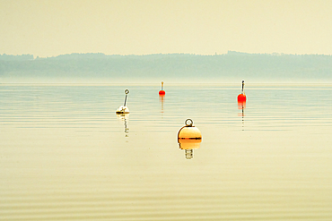 Winter at Lake Starnberg, buoys, Unterzeismering, Germany