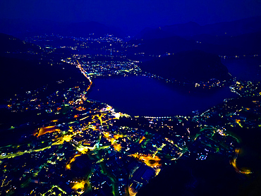 Aerial view, Lake Lugano from above at night