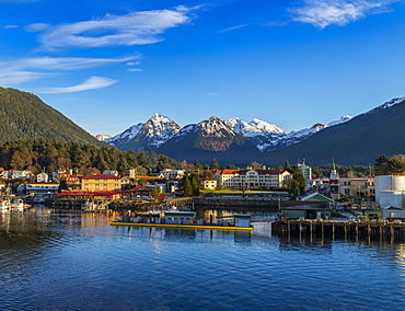 Winter view of Sitka Harbour with Gavan Hill and The Sisters mountains in background, Sitka, Alaska, United States of America