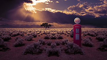 Abandoned gas station pump in an overgrown field under storm clouds with sun beams shining through, composite image