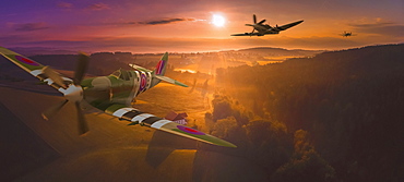 A squadron of Spitfires flying low over British Countryside, composite image