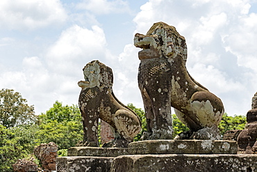 Stone lions covered in lichen guard temple, East Mebon, Angkor Wat, Siem Reap, Siem Reap Province, Cambodia