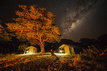 The milky way in the sky with a tents below in a bush camp as a man sits looking up at the sky, Botswana