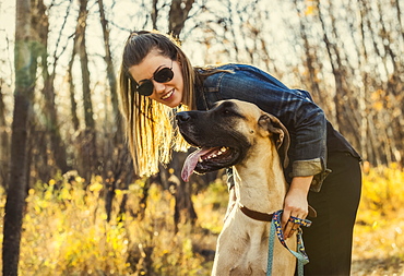 A beautiful woman stopping while walking her Great Dane through the woods in a city park on a warm fall evening, Edmonton, Alberta, Canada