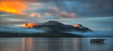 Sunset light over the fjord near the remote town of Djupavik along the Strandir Coast, Djupavik, West Fjords, Iceland