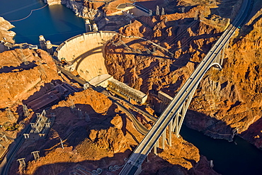 Aerial view of Hoover Dam and roadway, Las Vegas, Nevada, United States of America