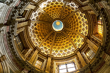 View of a cathedral dome with stained glass windows from directly below, Siena, Tuscany, Italy