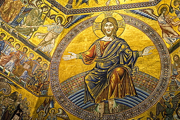 Close-up of the gold mosaic of Christ and figures painted in the Florence Cathedral dome, Florence, Tuscany, Italy