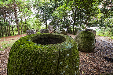Megalithic stone jars at Site 2, Plain of Jars, Xiangkhouang, Laos