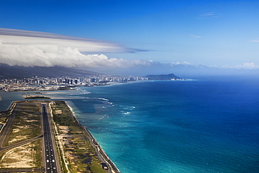 Aerial view of Waikiki from Honolulu airport with Diamond head in the distance, Honolulu, Oahu, Hawaii, United States of America