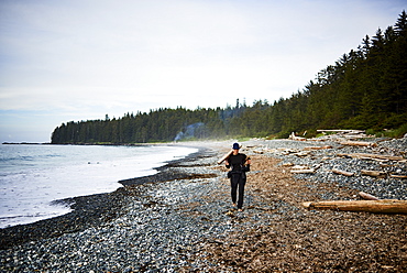 A woman walks along a rocky beach collecting firewood in Cape Scott Provincial Park, Vancouver Island, British Columbia, Canada