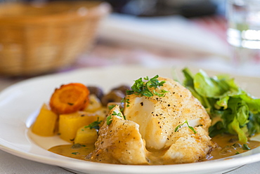 Cod dinner on a plate, Langaholt, Iceland
