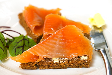 Slices of geothermal bread with smoked trout, Laugarvatn Fontana Cafe and Spa, Lake Laugarvatn, Iceland