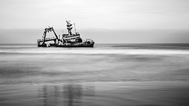 Black and white image of a shipwreck on Skeleton Coast, Sossusvlei, Hardap Region, Namibia