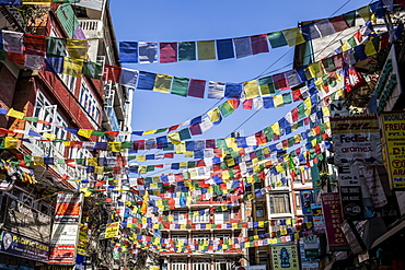 Buddhist prayer flags in the city of Kathmandu, Kathmandu, Nepal