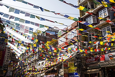 Buddhist prayer flags in the city of Kathmandu, Kathmandu, Nepal