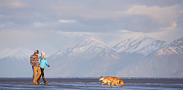 A young couple walking on a beach and holding hands with their dog, and a view of a mountain range in the distance, Anchorage, Alaska, United States of America