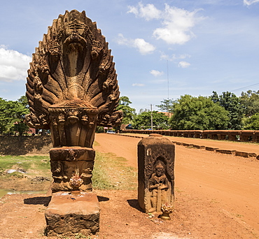 Naga sculpture on the Spean 'Preah Toeus' laterite bridge, dating to the Angkor period, Bayon Style (1181-1220), crossing the Chikreng River, Kampong Thom, Cambodia