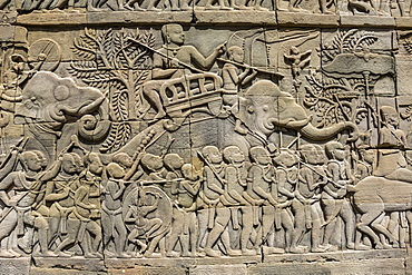 Bas-relief battle scene between the Khmer and Cham armies with Elephants on the Eastern gallery of the Bayon, Angkor Thom, Siem Reap, Cambodia