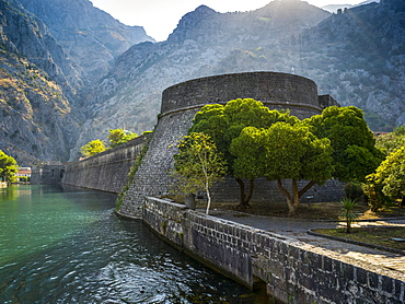 Walls in the old Mediterranean port of Kotor in the Bay of Kotor, Kotor, Kotor Municipality, Montenegro