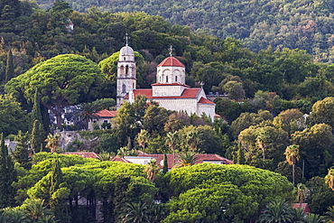 A church and buildings on a hillside surrounded by trees, Herceg Novi, Montenegro