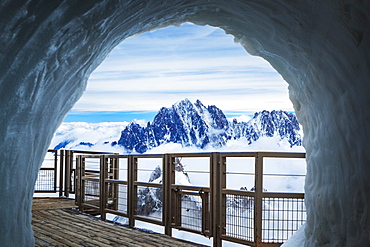 French Alps and Aiguille du midi panoramic viewing deck through the ice cave, Chamonix-Mont-Blanc, Rhone-Alpes, France