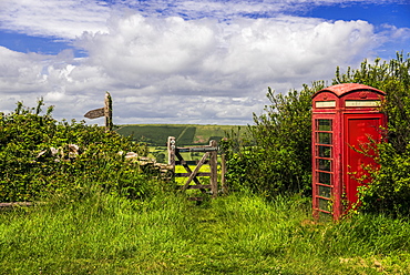 An old fashioned telephone box next to a path in the countryside, Dorset, England