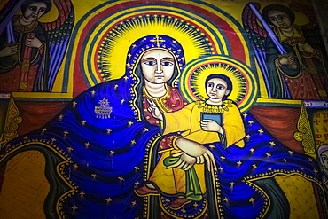 Ethiopian Orthodox ecclesiastical mural, depicting the Virgin and Child, in the interior of the Cathedral of Tsion Maryam (Our Lady Mary of Zion), built during the reign of Emperor Fasilides, Axum, Tigray Region, Ethiopia