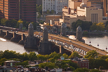 High angle view of a bridge crossing a river, Longfellow Bridge, Charles River, Boston, Suffolk County, Massachusetts, USA