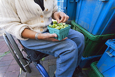 Woman with spinal cord injury sitting in a wheelchair shopping at outdoor market for Brussels sprouts