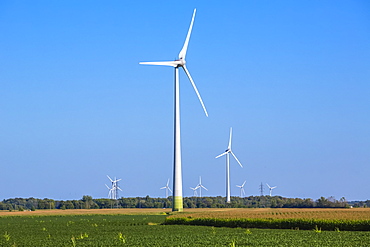 Wind turbines on farmland with a farm field in the foreground; Saint Remi, Quebec, Canada