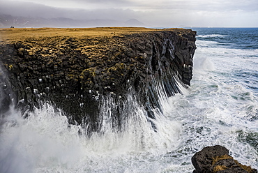 Waves splash up against the cliffs along the coast; Arnarstapi, Snaefellsnes, Iceland