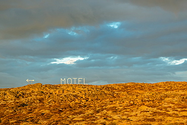 Motel sign and volcanic landscape, Reykjanes Peninsula; Iceland