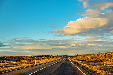 Volcanic landscape and straight road, Reykjanes Peninsula; Iceland