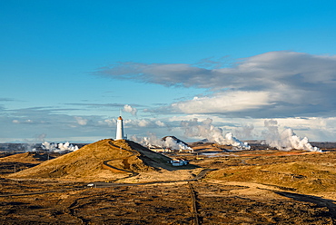 Reykjanes Lighthouse, the oldest lighthouse in Iceland, on Baejarfell Hill, Reykjanes Peninsula; Iceland