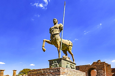 Bronze statue of a centaur at an excavation site; Pompeii, Province of Naples, Campania, Italy