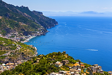 Amalfi and boats in Salerno Bay along the Amalfi Coast; Amalfi, Salerno, Italy