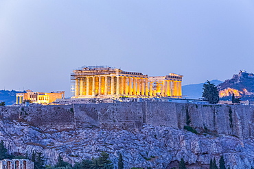 Parthenon, Acropolis of Athens illuminated at dusk; Athens, Greece