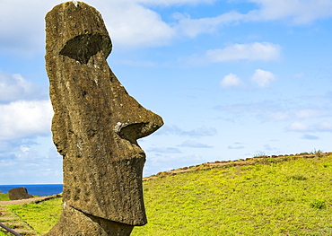 Close-up image showing the head of a standing moai against a blue sky; Easter Island, Chile