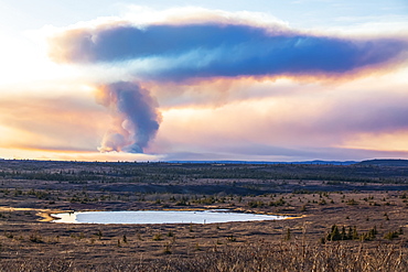 A plume of smoke from the Oregon Lakes wildfire rises high into the sky near Delta Junction in 2019; Alaska, United States of America