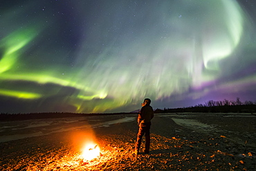 Watching the aurora borealis beside a campfire on Jarvis Creek in Delta Junction; Alaska, United States of America