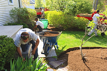 Landscapers putting mulch from wheelbarrows into a home flower garden