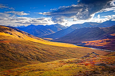 Brooks Mountains and Kuyuktuvuk Creek Valley in fall colours under blue sky. Gates of the Arctic National Park and Preserve, Arctic Alaska in autumn; Alaska, United States of America