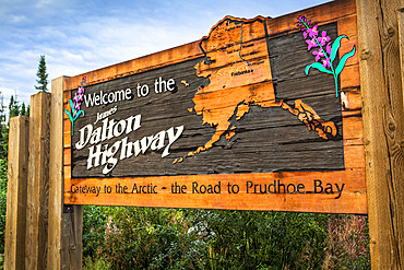 Dalton Highway Welcome Sign, Interior Alaska in summertime; Alaska, United States of America