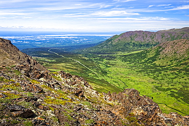 Overlooking Campbell Creek Valley and Anchorage, Chugach State Park, South-central Alaska in summertime; Anchorage, Alaska, United States of America