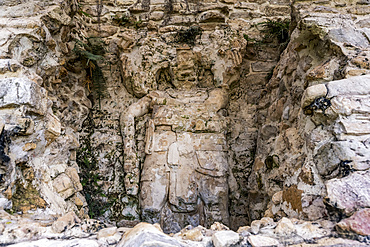 Carved art on a rock wall in the ancient Maya city of Bonampak; Usumacinta Province, Chiapas, Mexico