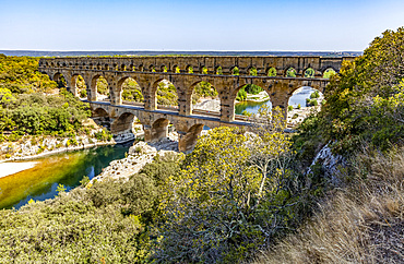 View of the ancient Roman aqueduct bridge, Pont du Gard; Gard, France